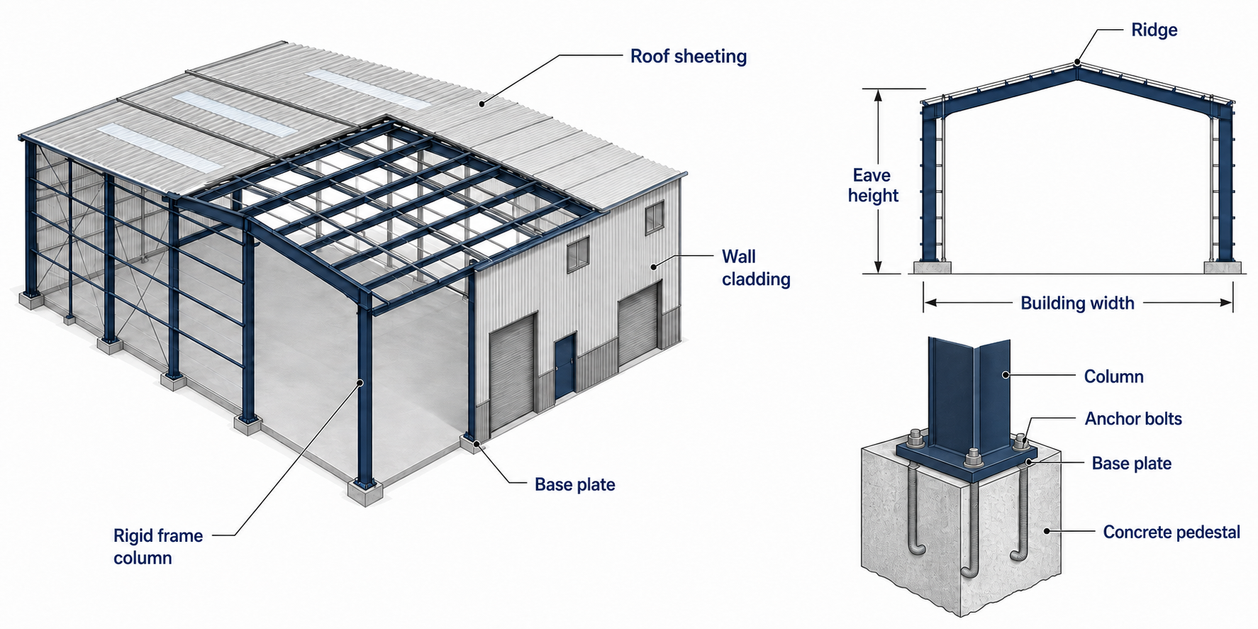 PEB cutaway building, portal frame elevation and column base detail