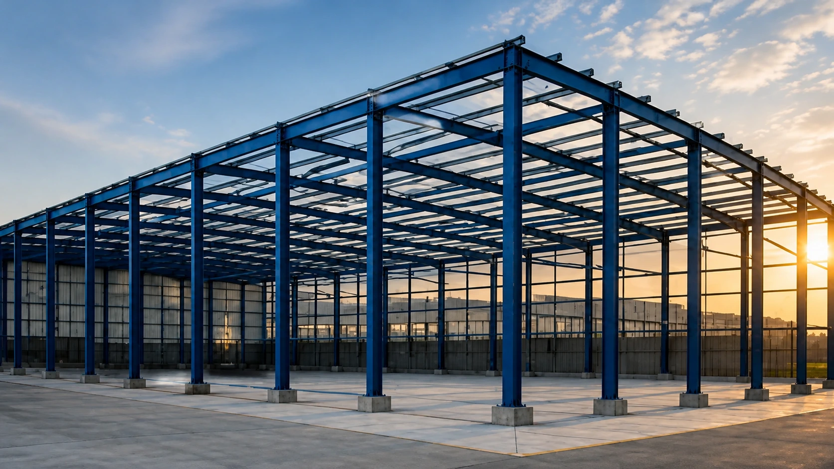 Illustrative pre-engineered steel building frame at sunset